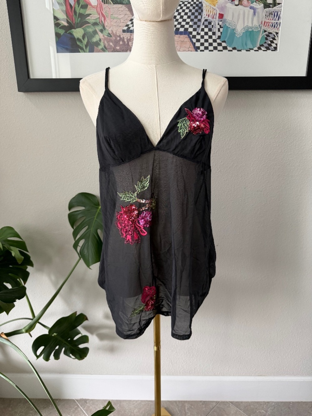 Y2K Vintage Victorias Secret Sheer Sequin Flower Applique Baby Doll Slip Sz L